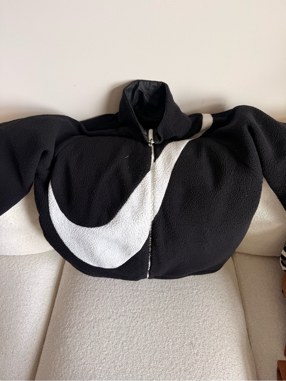 Nike Black and White Oversized Swoosh Sherpa Zip Jacket